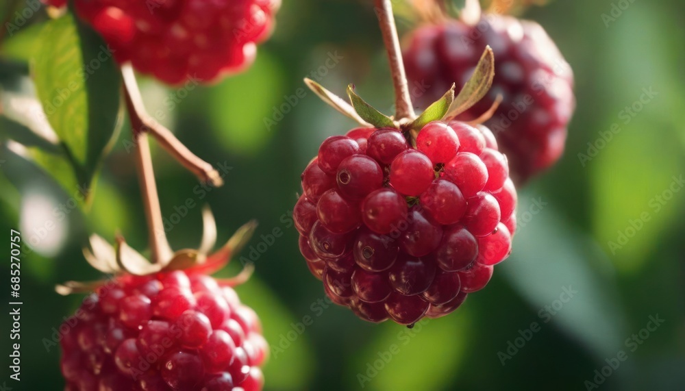 a bunch of raspberries hanging from a tree with leaves in the foreground and a blurry background of green leaves in the foreground and a blurry background. a bunch of raspberries hanging from a tree with leaves in the foreground and a blurry background of green leaves in the foreground and a blurry background.