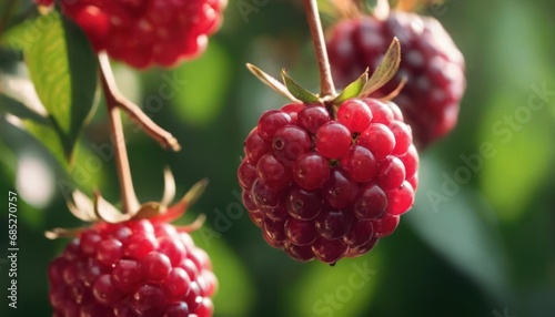  a bunch of raspberries hanging from a tree with leaves in the foreground and a blurry background of green leaves in the foreground and a blurry background.