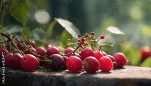  a close up of a bunch of cherries on a wooden surface with green leaves and a blurry background of the cherries on the branch and the other side of the cherries.