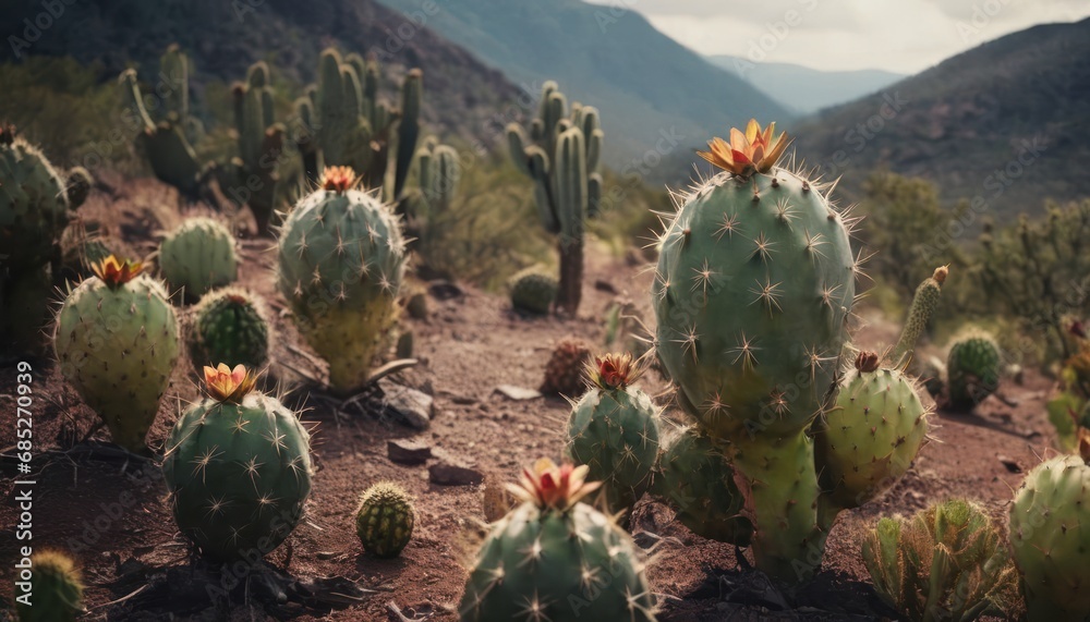 a large group of cactus plants on a dirt ground with mountains in the distance in the distance, in the foreground is a mountain range in the distance, and in the foreground is a. a large group of cactus plants on a dirt ground with mountains in the distance in the distance, in the foreground is a mountain range in the distance, and in the foreground is a.