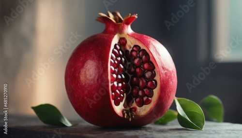  a close up of a pomegranate with leaves on the side of the pomegranate and the top of the pomegranate on the other side of the pomegranate.