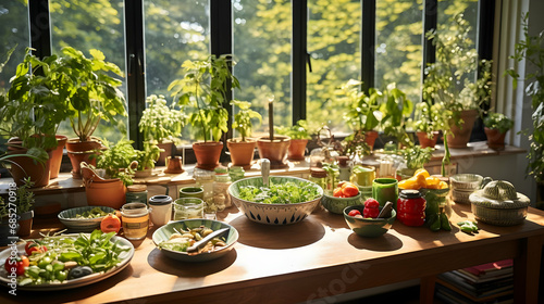 Serving table with pot of plants at home Generated with AI