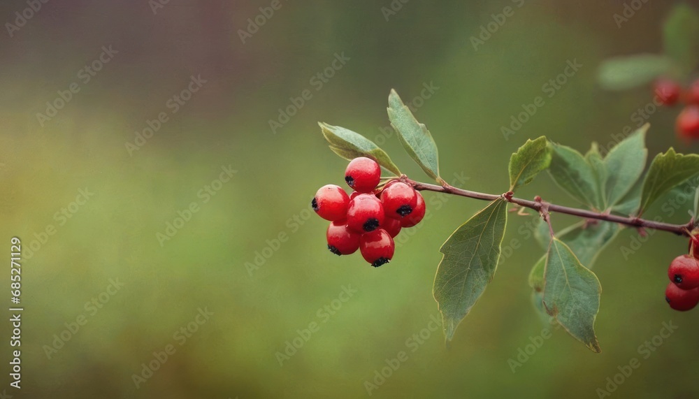  a branch with red berries on it and green leaves on the other side of the branch is blurry in the background, with a blurry background of green.