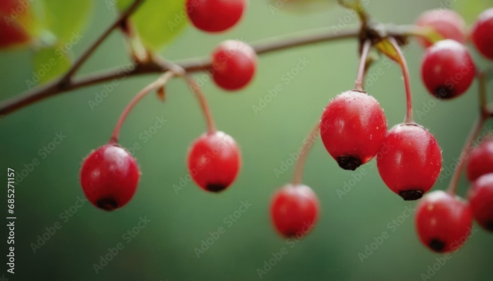 a close up of a bunch of berries on a tree branch with water droplets on the berries and the leaves of the tree are green and the background is blurry. a close up of a bunch of berries on a tree branch with water droplets on the berries and the leaves of the tree are green and the background is blurry.