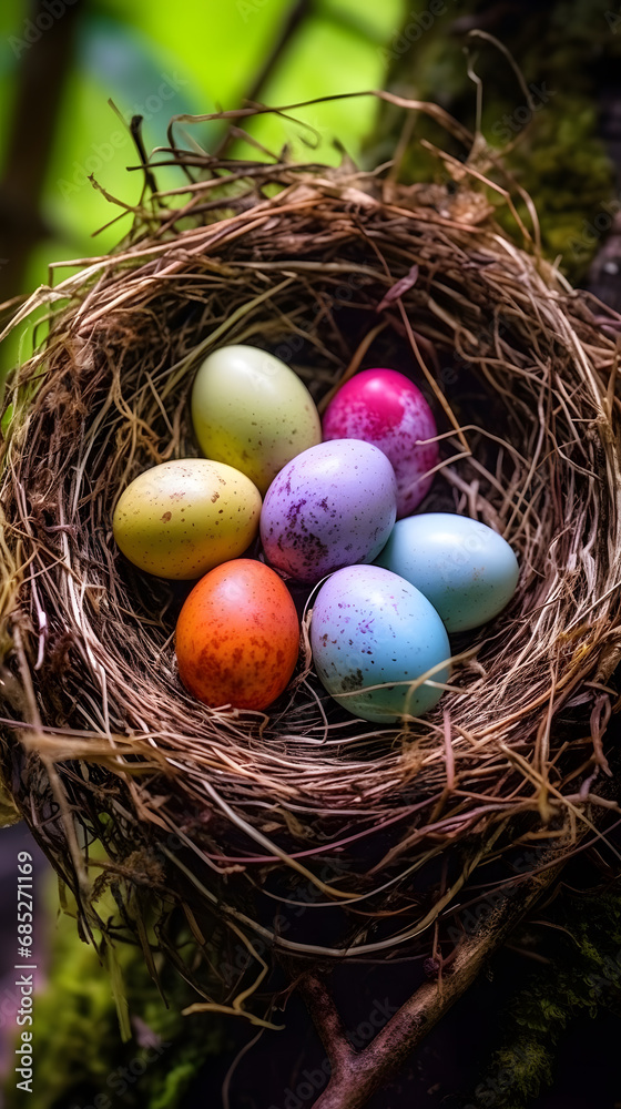 Birds' Nest with Colorful Eggs Amidst Nature's Glow Birds' Nest with Colorful Eggs Amidst Nature's Glow