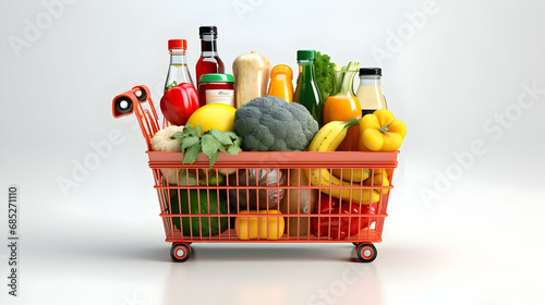 Shopping market basket with variety of grocery products isolated on white background,Generative Ai.