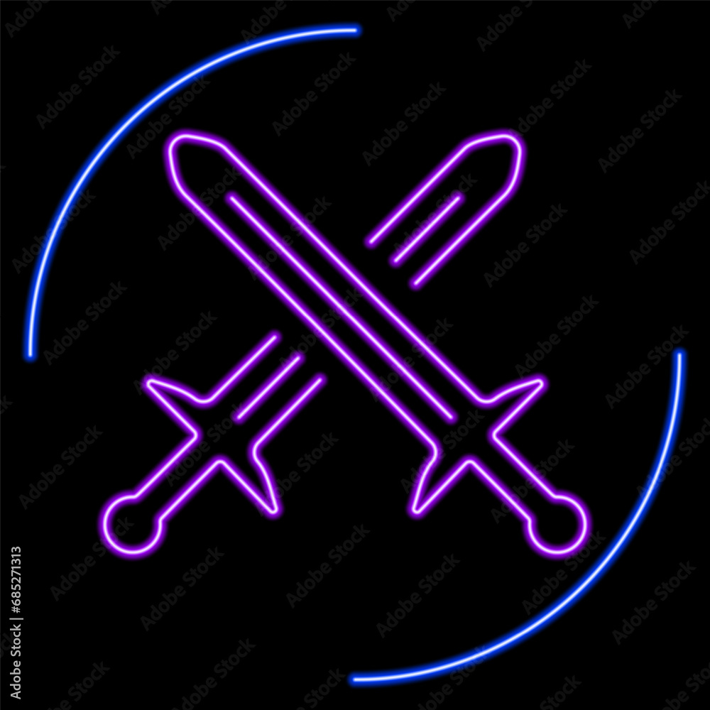 neon sign two swords, modern glowing banner design, colorful modern design trends on black background. Vector illustration. neon sign two swords, modern glowing banner design, colorful modern design trends on black background. Vector illustration.
