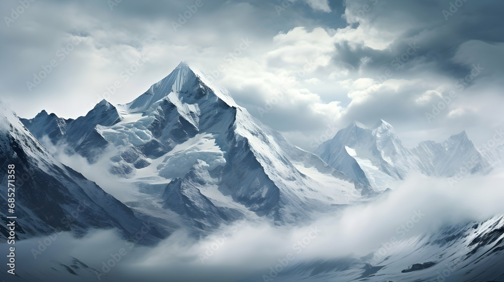 Snowy mountains against cloudy sky ,Generated with AI.