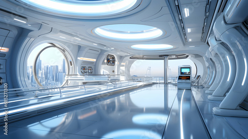 Smooth clean white futuristic interior, science fiction lab or space ship,Generative Ai © moez