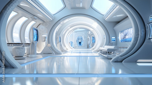 Smooth clean white futuristic interior, science fiction lab or space ship,Generative Ai