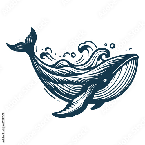 Blue whale vector illustration. Big wave and sea fish in vintage style. Jumping in the ocean humpback whale, Generative AI
