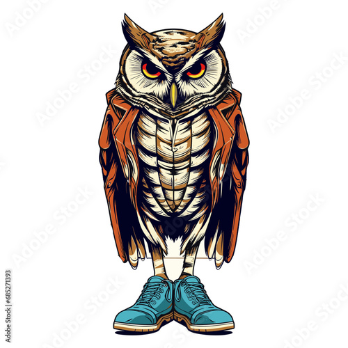 Cool owl dressed up in sneakers, shoes with a vintage style isolated on a white background, Generative AI