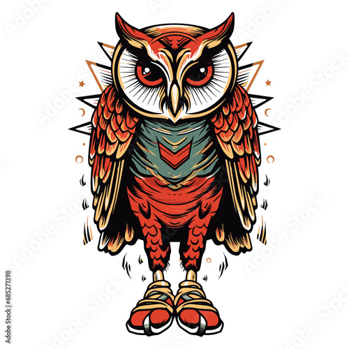 Cool owl dressed up in sneakers, shoes with a vintage style isolated on a white background, Generative AI