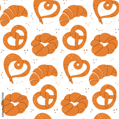 Flat seamless pattern with crispy fresh pastries. Vector hand drawn food in minimalistic style. Modern childish pattern design for textile, decoration, wrapping paper