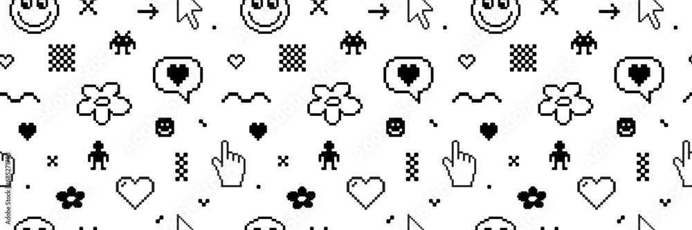 Pixel Y2k retro seamless pattern. 8bit icons abstract icon flower heart checkerboard cursor hand. Pixel Y2k retro seamless pattern. 8bit icons abstract icon flower heart checkerboard cursor hand.