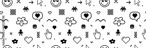Pixel Y2k retro seamless pattern. 8bit icons abstract icon flower heart checkerboard cursor hand.