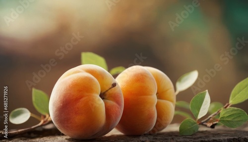  a couple of peaches sitting on top of a piece of wood next to a green leafy branch on top of a piece of wood with a blurry background.