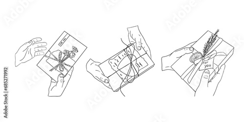 Hand drawn vector doodles set with hands and gifts. Male hands giving gift box on celebration. Christmas, Valentines, birthday concept compositions. Perfect for tattoo, sticker, decoration, printout