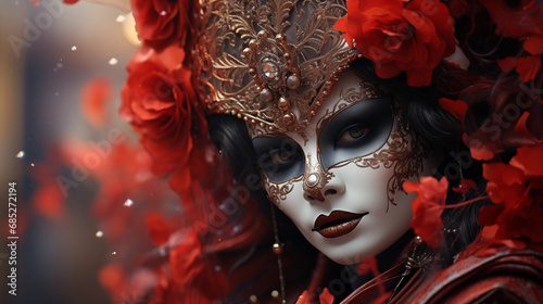 Close-up dama disfrazada carnaval de Venecia, rojos blanco y dorado, pose frontal, elegante, reclamo turístico, invitación evento
