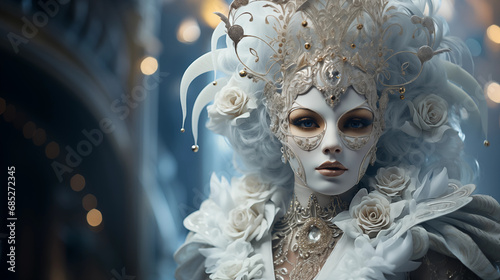 Mujer disfrazada carnaval de Venecia, blancos y dorados, color hielo, close-up de frente, elegante, reclamo turístico, invitación evento photo