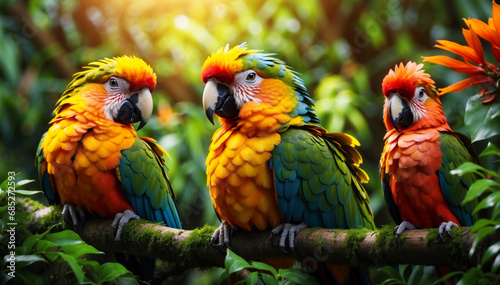 Three parrots sit on a branch in the jungle.