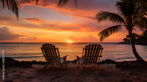 Sunset with beach chairs on a tropical beach in JamaicaGenerated with AI.