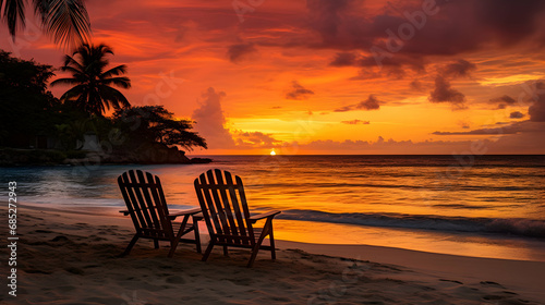 Sunset with beach chairs on a tropical beach in JamaicaGenerated with AI.