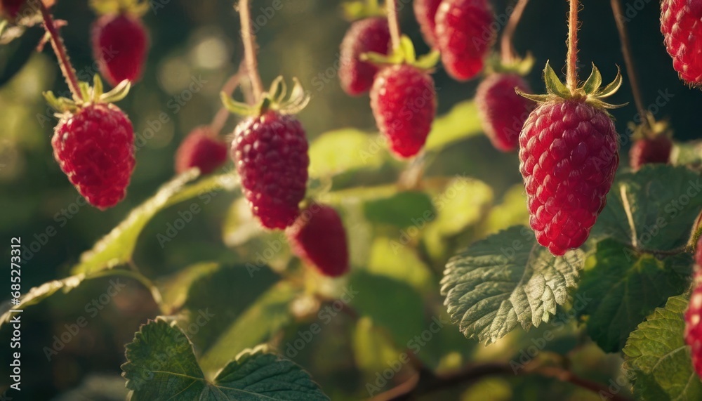 a bunch of ripe raspberries hanging from a tree with green leaves and bright sunlight shining through the leaves on a sunny day in the sunlit area of a forest. a bunch of ripe raspberries hanging from a tree with green leaves and bright sunlight shining through the leaves on a sunny day in the sunlit area of a forest.