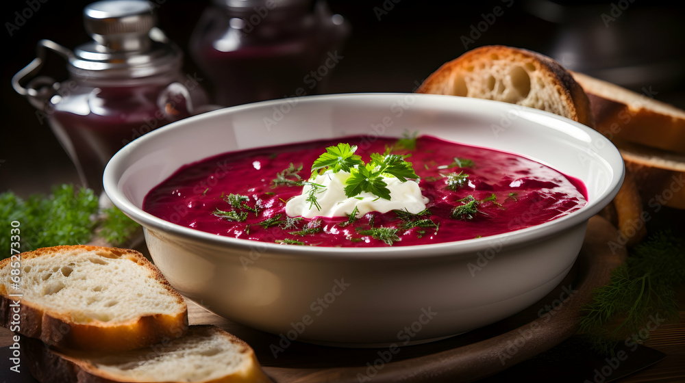 Tasty borsch soup as healthy starter and hot. Cream of beetroot with cream ,Generated with AI. Tasty borsch soup as healthy starter and hot. Cream of beetroot with cream ,Generated with AI.