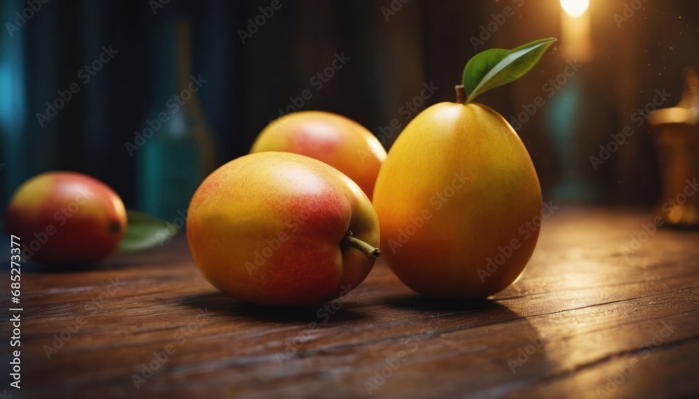  a group of three apples sitting on top of a wooden table next to a glass of water and a bottle with a candle on top of a wooden table next to it.