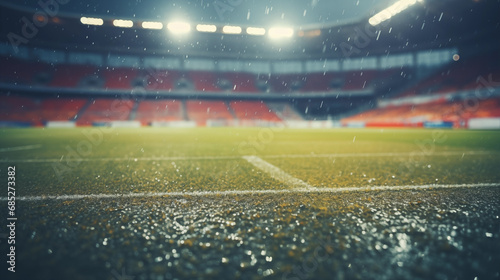 Sports stadium with lights on. Big arena  grandstand. Rainy weather. Green grass. Blur effect. Soccer  American football  rugby. Bad weather conditions for playing. Canceling a game. Generated AI