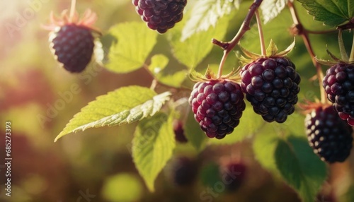  a bunch of blackberries hanging from a branch with green leaves on a sunny day in a forest, with the sun shining through the leaves to the back ground.