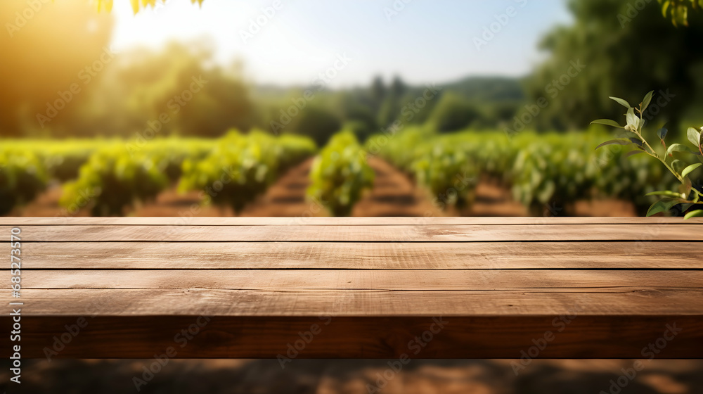 The Empty Brown Wooden table with blur background of a plantation,Generated with AI. The Empty Brown Wooden table with blur background of a plantation,Generated with AI.