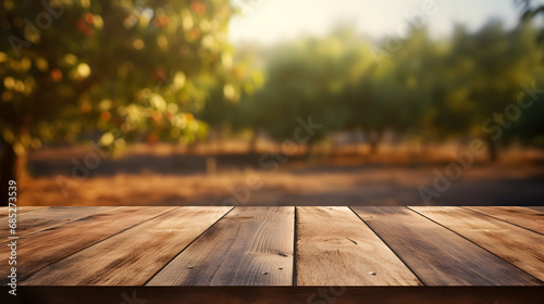 The Empty Brown Wooden table with blur background of a plantation,Generated with AI.