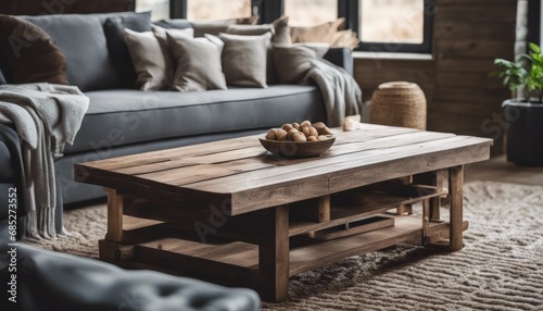 Rustic aged barn wood coffee table near grey sofa against big grid windows. Farmhouse home interior