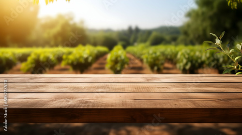 The Empty Brown Wooden table with blur background of a plantation Generated with AI.