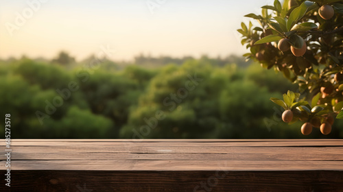 The Empty Brown Wooden table with blur background of a plantation,Generated with AI.
