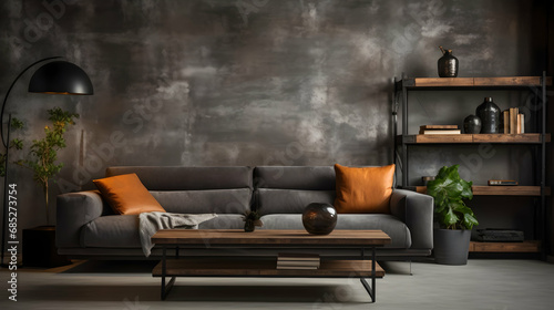The stylish compostion at living room interior with design gray sofa, wooden coffee table,Generative Ai