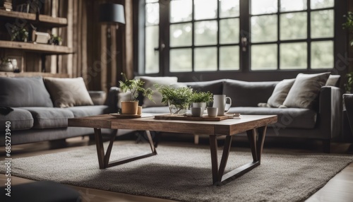 Rustic aged barn wood coffee table near grey sofa against big grid windows. Farmhouse home interior