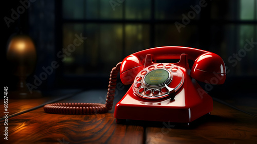 Red telephone on a wooden table. 3d illustration,Generative Ai.
