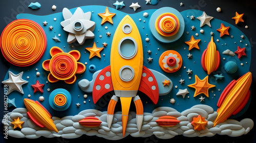 Rocket in space, star, and moon. Plasticine art, cartoon,Generated by AI