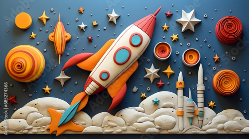 Rocket in space, star, and moon. Plasticine art, cartoon,Generated by AI