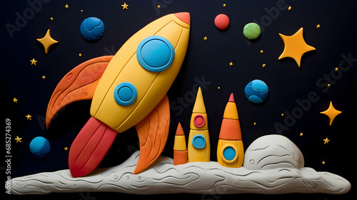 Rocket in space, star, and moon. Plasticine art, cartoon,Generated by AI