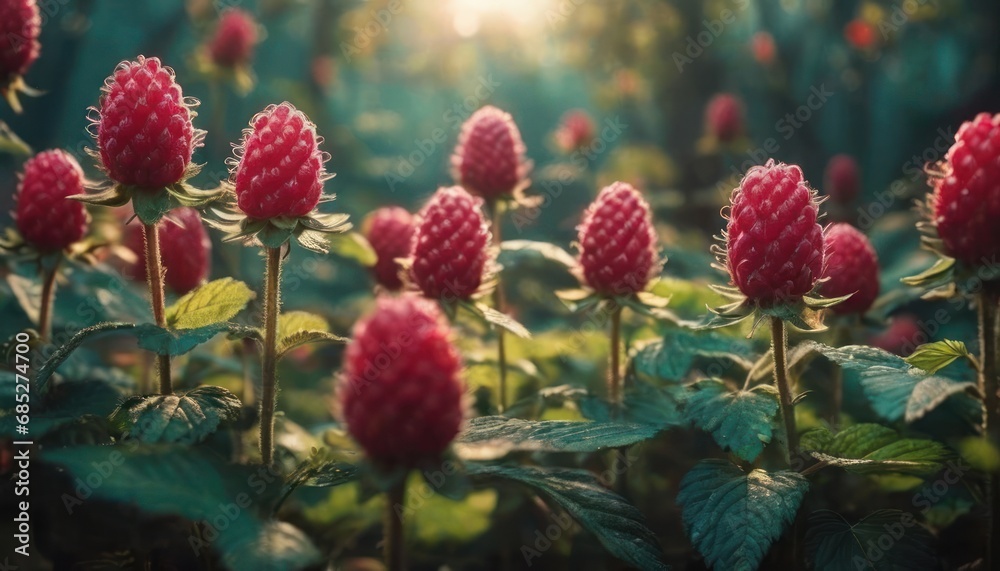 a close up of a bunch of red flowers in a field of green leaves with the sun shining through the trees in the backgrould of the background. a close up of a bunch of red flowers in a field of green leaves with the sun shining through the trees in the backgrould of the background.