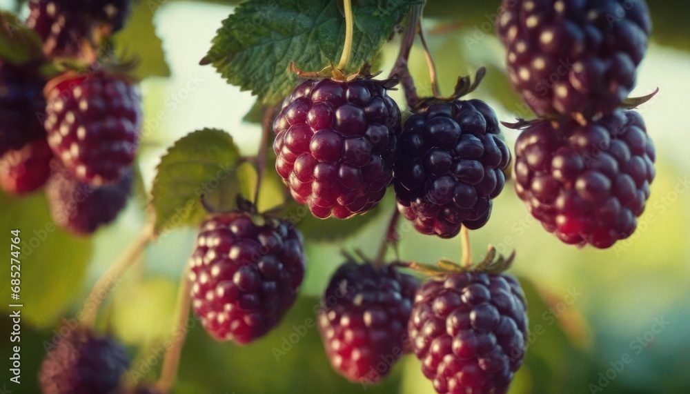 a close up of a bunch of blackberries hanging from a branch with green leaves on a sunny day with a blurry background of trees and blue sky in the background. a close up of a bunch of blackberries hanging from a branch with green leaves on a sunny day with a blurry background of trees and blue sky in the background.