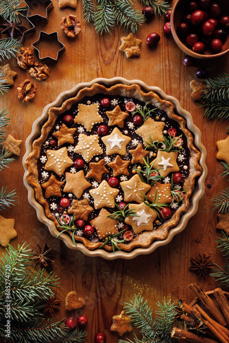 Gingerbread and chocolate tart decorated gingerbread cookies in the star shapes, cranberries and rosemary in a baking dish on a wooden table, top view. Christmas tart.