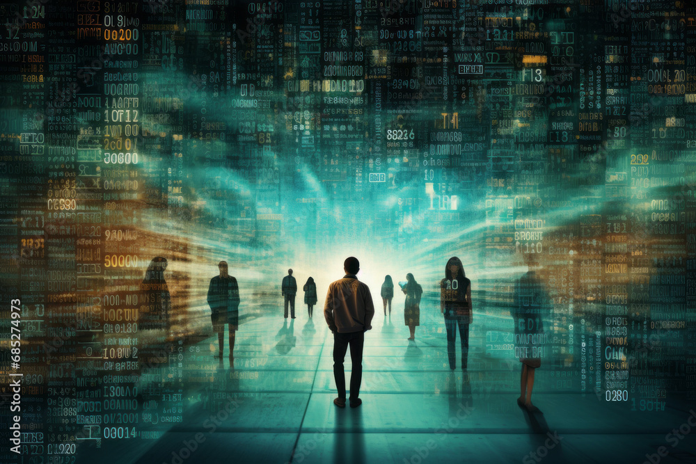 Person surrounded by flow of digital data, trying to find their way through a multitude of information streams, Digital contents concept, Information fatigue Person surrounded by flow of digital data, trying to find their way through a multitude of information streams, Digital contents concept, Information fatigue