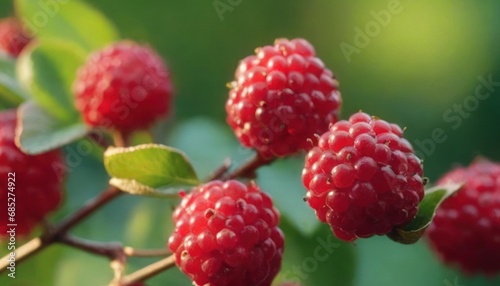  a bunch of raspberries on a tree branch with leaves and drops of water on the berry and the leaves of the berry are almost ready to be picked.