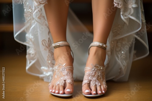 Beautiful well-groomed bride's feet close-up with pedicure, bride's nail design