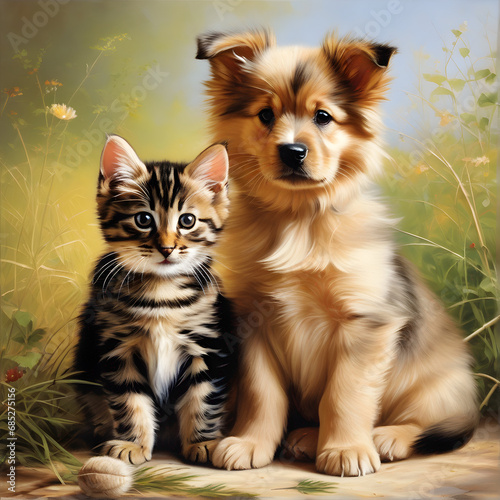 Tappy kitten and German Shepherd puppy sit together posting